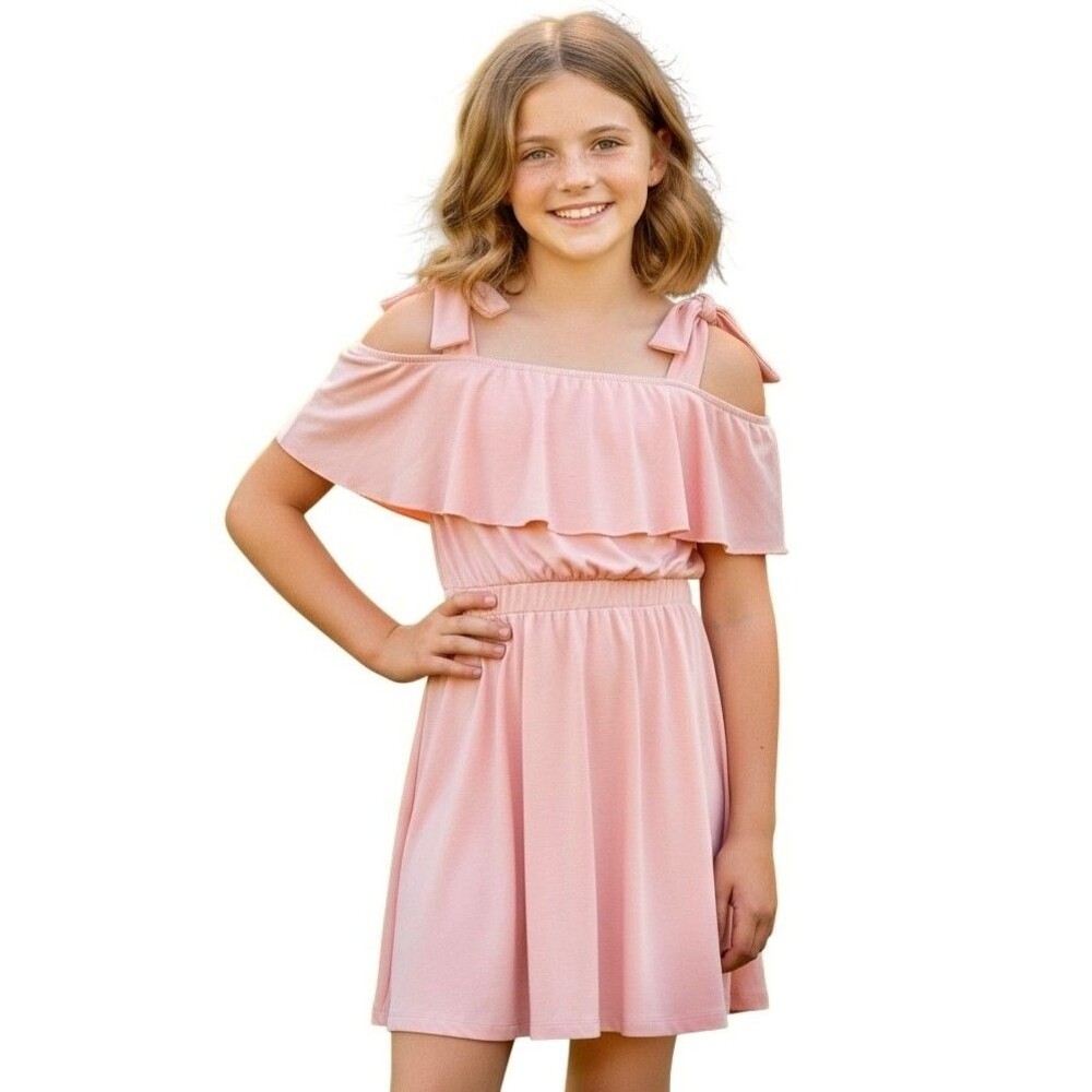 Mirawise Girl's Tie Cold Shoulder Ruffle Cotton Sundress Size 10-11Y Pink